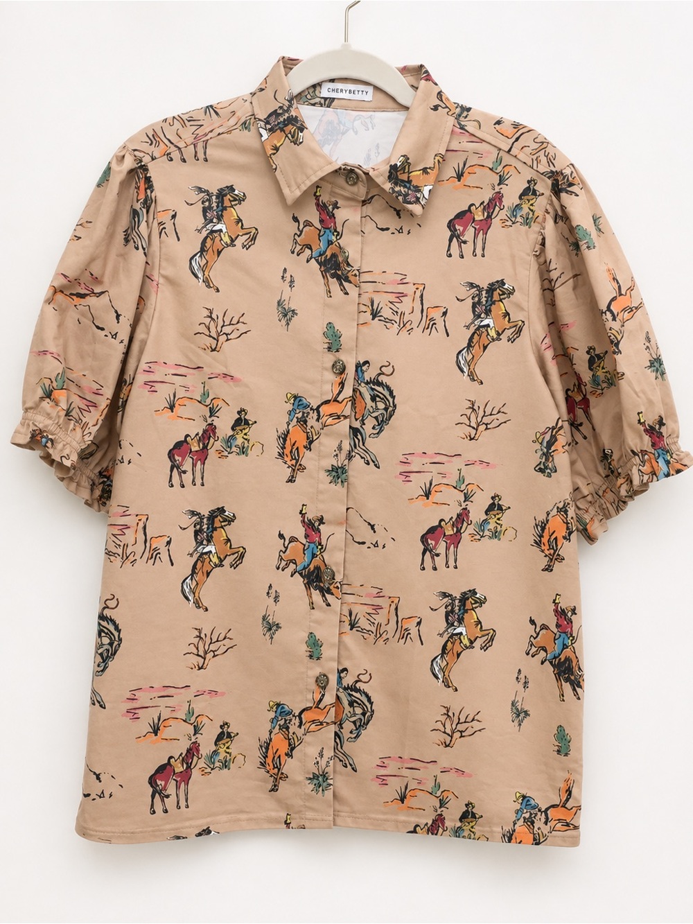 Cherry Betty Western Cowboy Rodeo Print Puff Sleeve Button Front Top M/6